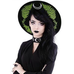 Restyle Gothic Forest Fern & Crescent Witch Wide Brim Wool Stiff Hat, 23 "